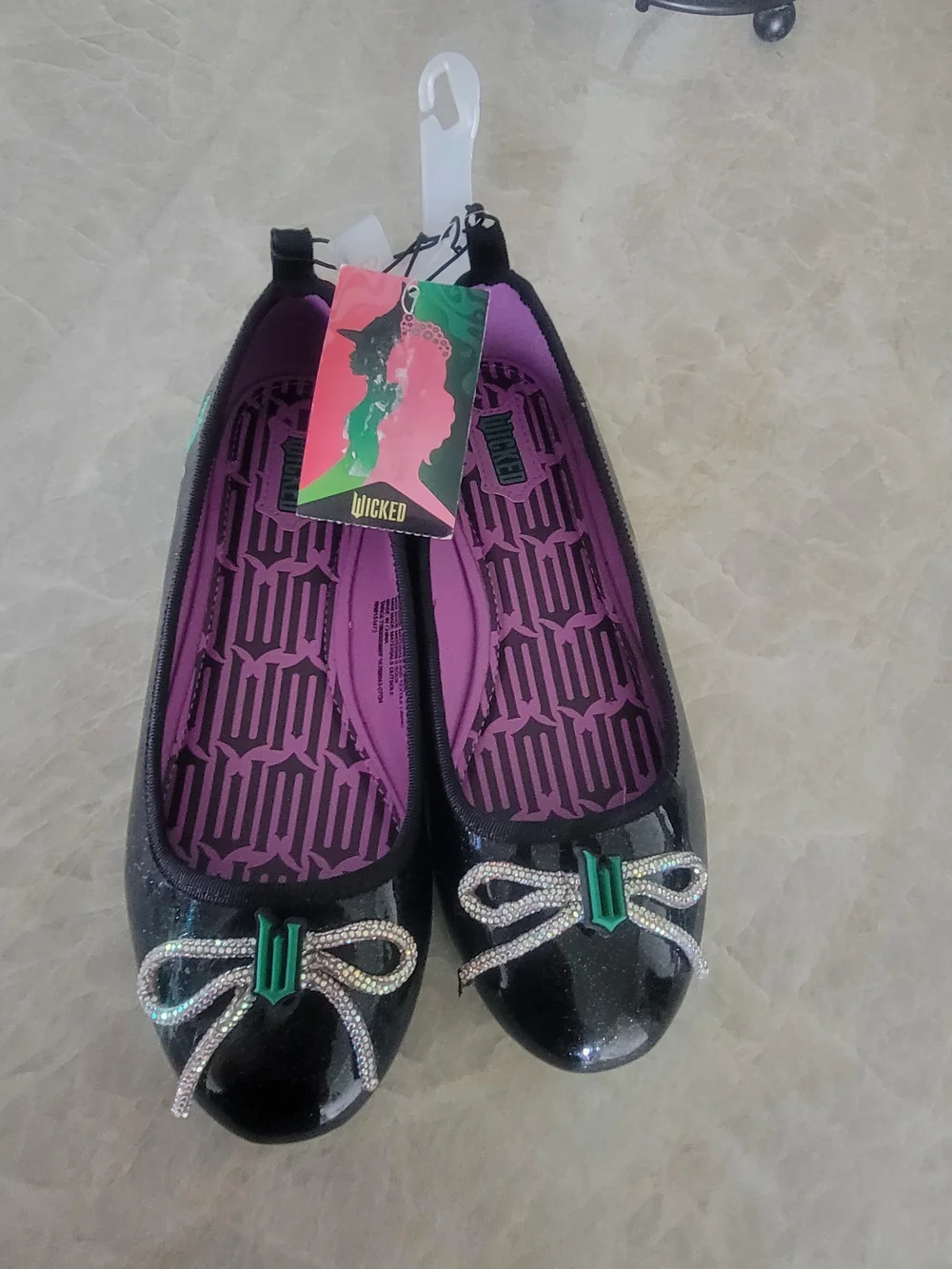 Kids Black Ballet Flats with Purple Insole and Green Accent -Wicked Size 3 & 11T